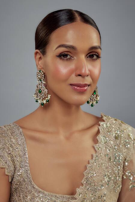Buy_Vivinia By Vidhi Mehra_Gold Plated Pearls, Stones, Beads Floral Kundan Embellished Earrings _Online_at_Aza_Fashions