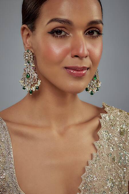 Vivinia By Vidhi Mehra_Gold Plated Pearls, Stones, Beads Floral Kundan Embellished Earrings _at_Aza_Fashions