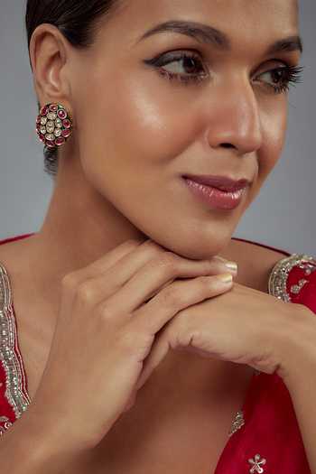Vivinia By Vidhi Mehra_Gold Plated Polki, Kundan Burgandi Embellished Stud Earrings _Online_at_Aza_Fashions