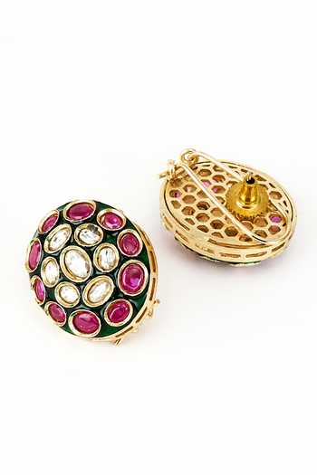 Buy_Vivinia By Vidhi Mehra_Gold Plated Polki, Kundan Burgandi Embellished Stud Earrings _Online_at_Aza_Fashions