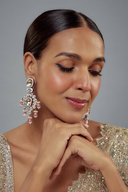 Shop Vivinia By Vidhi Mehra Gold Plated Polki, Kundan, Beads, Stones Saadgi Embellished Cluster Earrings Online at Aza Fashions Shop_Vivinia By Vidhi Mehra_Gold Plated Polki, Kundan, Beads, Stones Saadgi Embellished Cluster Earrings _Online_at_Aza_Fashions