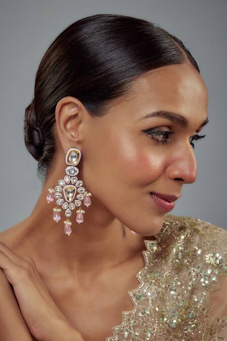 Vivinia By Vidhi Mehra Gold Plated Polki, Kundan, Beads, Stones Saadgi Embellished Cluster Earrings at Aza Fashions Vivinia By Vidhi Mehra_Gold Plated Polki, Kundan, Beads, Stones Saadgi Embellished Cluster Earrings _at_Aza_Fashions