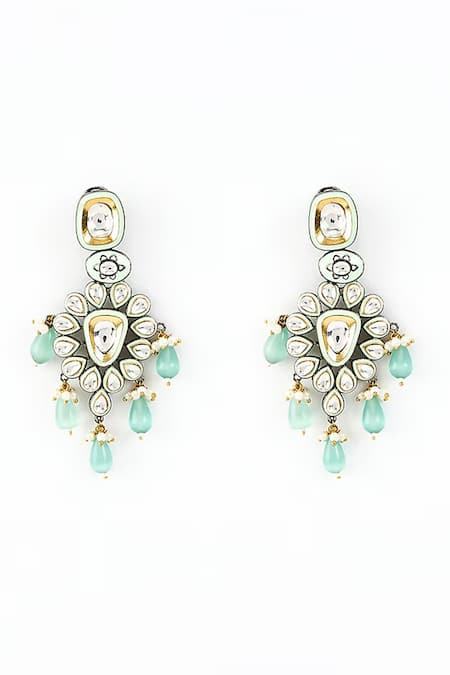Shop_Vivinia By Vidhi Mehra_Gold Plated Beads, Stones, Diamonds Saadgi Drop Cluster Embellished Earrings _at_Aza_Fashions
