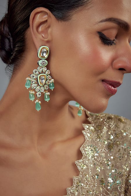 Buy_Vivinia By Vidhi Mehra_Gold Plated Beads, Stones, Diamonds Saadgi Drop Cluster Embellished Earrings _Online_at_Aza_Fashions