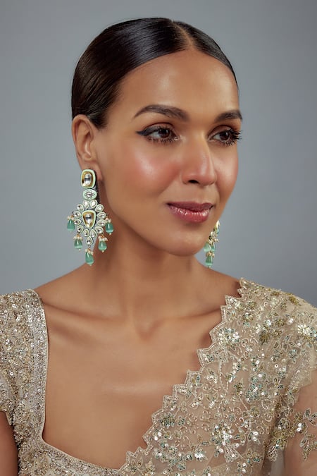 Vivinia By Vidhi Mehra Gold Plated Beads, Stones, Diamonds Saadgi Drop Cluster Embellished Earrings 