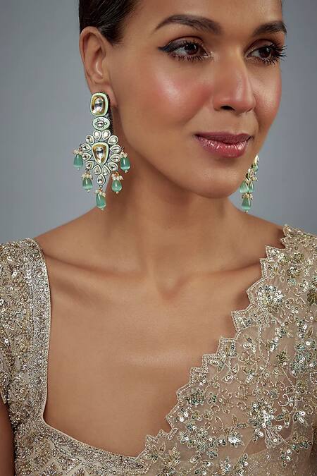 Shop_Vivinia By Vidhi Mehra_Gold Plated Beads, Stones, Diamonds Saadgi Drop Cluster Embellished Earrings _Online_at_Aza_Fashions