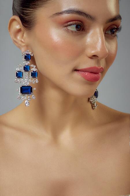 Buy_Vivinia By Vidhi Mehra_Blue Crystals Floral Cubic Zirconia Danglers _Online_at_Aza_Fashions