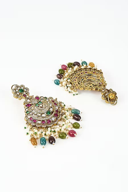 Buy_Vivinia By Vidhi Mehra_Gold Plated Beads Floral Kundan Embellished Earrings _Online_at_Aza_Fashions