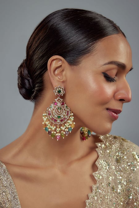 Shop_Vivinia By Vidhi Mehra_Gold Plated Beads Floral Kundan Embellished Earrings _Online_at_Aza_Fashions
