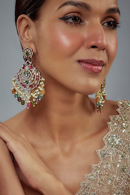 Vivinia By Vidhi Mehra_Gold Plated Beads Floral Kundan Embellished Earrings _at_Aza_Fashions