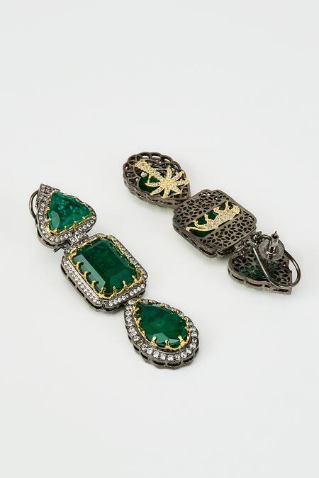 Vivinia By Vidhi Mehra_Silver Plated Crystals, Cut Work Embellished Geometric Earrings _Online_at_Aza_Fashions