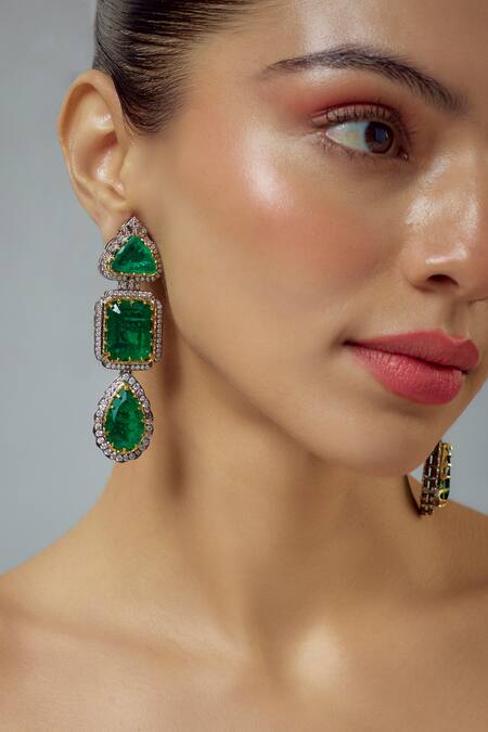 Buy_Vivinia By Vidhi Mehra_Silver Plated Crystals, Cut Work Embellished Geometric Earrings _Online_at_Aza_Fashions