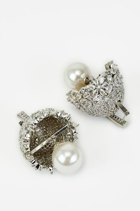 Vivinia By Vidhi Mehra Silver Plated Crystal, Pearl, Cubic Zia Embellished Floral Hoop Jhumkas Online at Aza Fashions Vivinia By Vidhi Mehra_Silver Plated Crystal, Pearl, Cubic Zia Embellished Floral Hoop Jhumkas _Online_at_Aza_Fashions