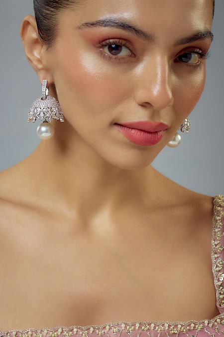 Buy Vivinia By Vidhi Mehra Silver Plated Crystal, Pearl, Cubic Zia Embellished Floral Hoop Jhumkas Online at Aza Fashions Buy_Vivinia By Vidhi Mehra_Silver Plated Crystal, Pearl, Cubic Zia Embellished Floral Hoop Jhumkas _Online_at_Aza_Fashions