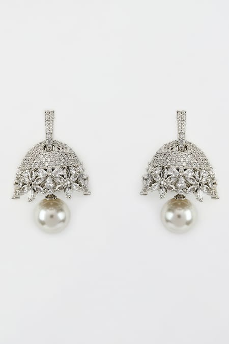 Shop Vivinia By Vidhi Mehra Silver Plated Crystal, Pearl, Cubic Zia Embellished Floral Hoop Jhumkas at Aza Fashions Shop_Vivinia By Vidhi Mehra_Silver Plated Crystal, Pearl, Cubic Zia Embellished Floral Hoop Jhumkas _at_Aza_Fashions