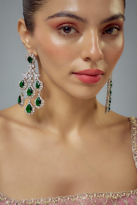 Buy_Vivinia By Vidhi Mehra_Silver Plated Cubic Zirconia Zia Drop Embellished Earrings _Online_at_Aza_Fashions