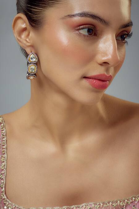 Buy_Vivinia By Vidhi Mehra_Gold Plated Crystals, Diamonds Florence Drop Patterned Kundan Hoop Earrings _Online_at_Aza_Fashions