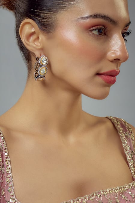Vivinia By Vidhi Mehra Florence Drop Patterned Kundan Hoop Earrings 