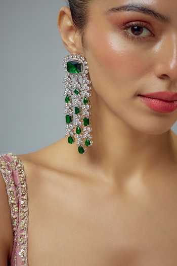 Vivinia By Vidhi Mehra Silver Green Cubic Zirconia Danglers 