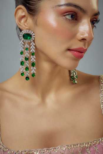 Buy_Vivinia By Vidhi Mehra_Silver Plated Green Cubic Zirconia Danglers _Online_at_Aza_Fashions