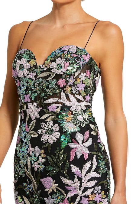 Mac Duggal_Multi Color Polyester Resham, Sequin Sweetheart Neck Floral Embroidered Gown _Online_at_Aza_Fashions