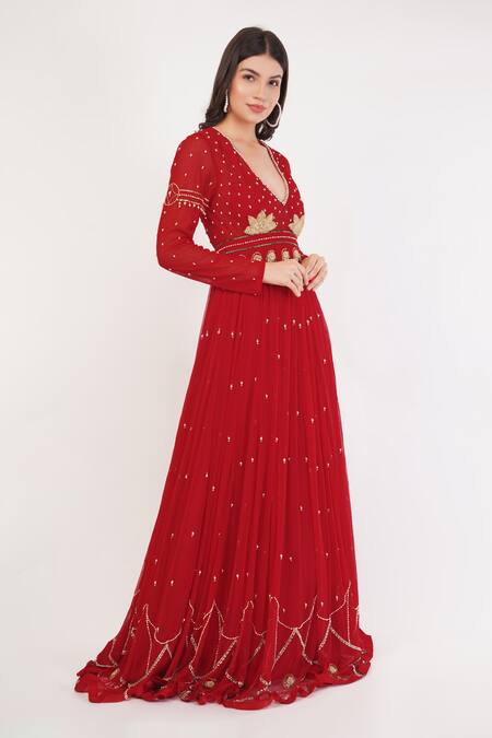 Buy_Shourya Gatha_Red Tulle, Polyester, Nylon, Net Pearls, Beads Floral Hand Embroidered Anarkali _Online_at_Aza_Fashions