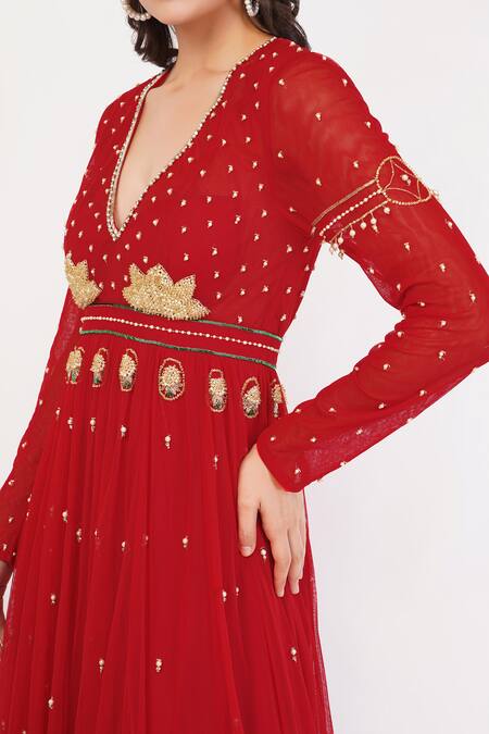 Shop_Shourya Gatha_Red Tulle, Polyester, Nylon, Net Pearls, Beads Floral Hand Embroidered Anarkali _Online_at_Aza_Fashions