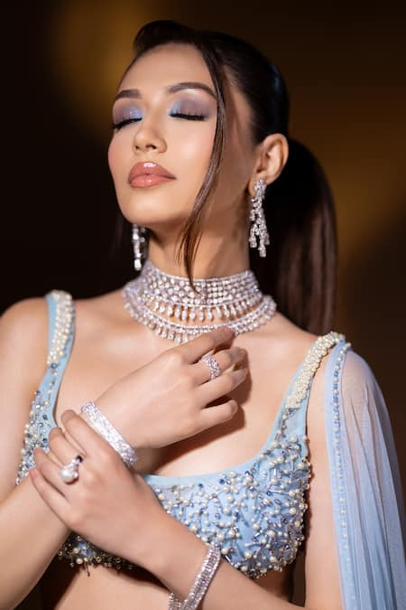 Shourya Gatha Blue Tulle, Satin, Polyester, Nylon Sky Mermaid Hand Embroidered Lehenga Set Online at Aza Fashions Shourya Gatha_Blue Tulle, Satin, Polyester, Nylon Sky Mermaid Hand Embroidered Lehenga Set _Online_at_Aza_Fashions