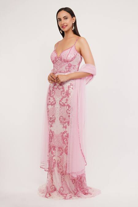 Buy_Shourya Gatha_Pink Tulle, Nylon, Polyester, Lycra Cut Work, Hand Embroidered Gown With Dupatta _Online_at_Aza_Fashions