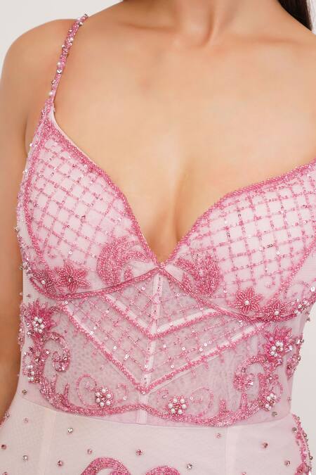 Buy_Shourya Gatha_Pink Tulle, Nylon, Polyester, Lycra Cut Work, Hand Embroidered Gown With Dupatta 