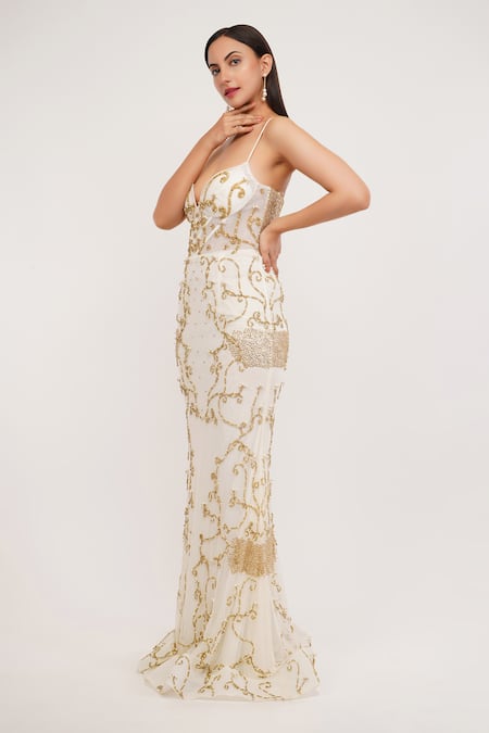 Shourya Gatha_Off White Tulle, Polyester, Lycra, Cutdana Hand Embroidered Gown With Dupatta _Online_at_Aza_Fashions