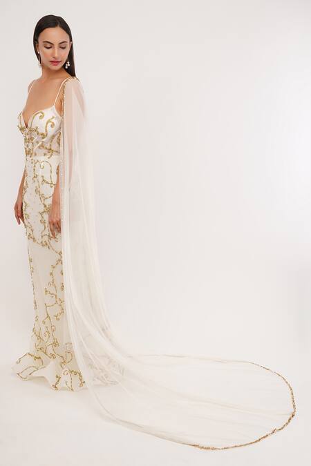 Shop_Shourya Gatha_Off White Tulle, Polyester, Lycra, Cutdana Hand Embroidered Gown With Dupatta _Online_at_Aza_Fashions