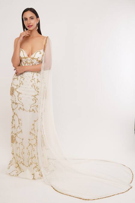 Shourya Gatha_Off White Tulle, Polyester, Lycra, Cutdana Hand Embroidered Gown With Dupatta _at_Aza_Fashions