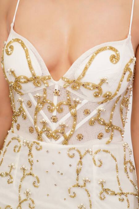 Buy_Shourya Gatha_Off White Tulle, Polyester, Lycra, Cutdana Hand Embroidered Gown With Dupatta 