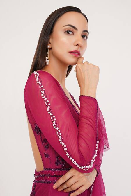 Shourya Gatha_Purple Polyester, Nylon, Tulle Lycra Satin Crystal, Hand Embroidered Gown _Online_at_Aza_Fashions