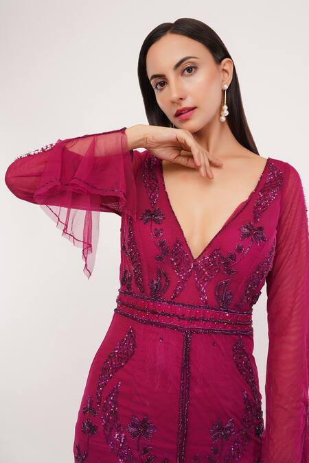 Buy_Shourya Gatha_Purple Polyester, Nylon, Tulle Lycra Satin Crystal, Hand Embroidered Gown 