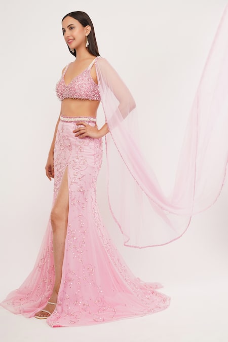Shourya Gatha_Pink Tulle, Polyester, Hard Rose Quartz Hand Embroidered Mermaid Lehenga Set _Online_at_Aza_Fashions
