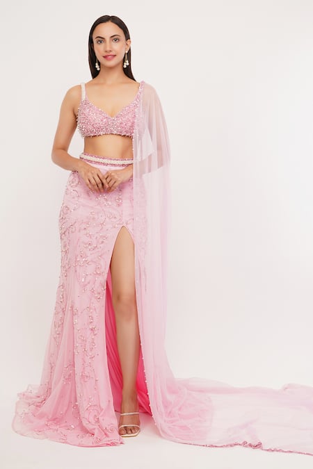 Shop_Shourya Gatha_Pink Tulle, Polyester, Hard Rose Quartz Hand Embroidered Mermaid Lehenga Set _Online_at_Aza_Fashions