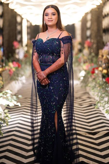 Shourya Gatha_Blue Tulle, Polyester, Hard Net, Midnight Hand Embroidered Mermaid Lehenga Set _Online_at_Aza_Fashions