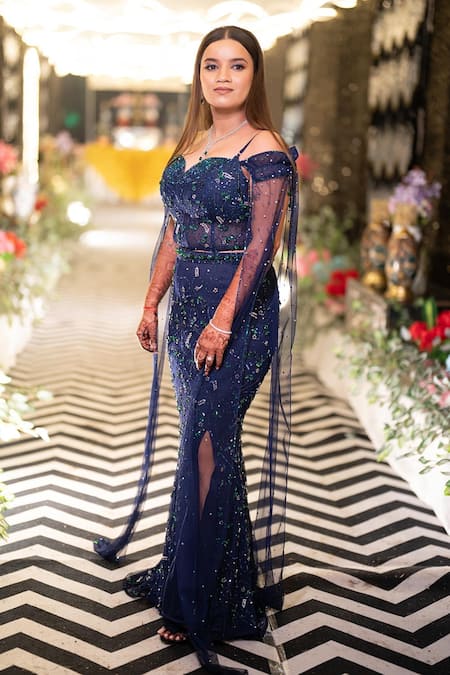 Shop_Shourya Gatha_Blue Tulle, Polyester, Hard Net, Midnight Hand Embroidered Mermaid Lehenga Set _Online_at_Aza_Fashions