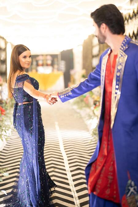 Shourya Gatha_Blue Tulle, Polyester, Hard Net, Midnight Hand Embroidered Mermaid Lehenga Set _at_Aza_Fashions