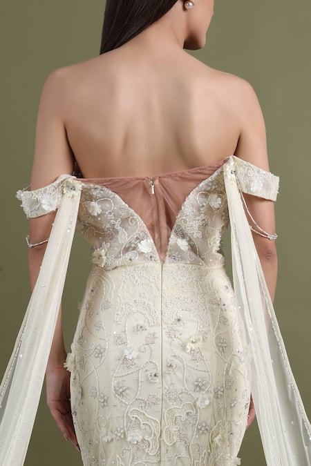 Shourya Gatha_Off White Tulle, Polyester, Satin Beads, Hand Embroidered Shoulder Mermaid Gown _Online_at_Aza_Fashions