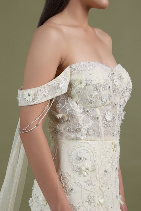 Buy_Shourya Gatha_Off White Tulle, Polyester, Satin Beads, Hand Embroidered Shoulder Mermaid Gown _Online_at_Aza_Fashions