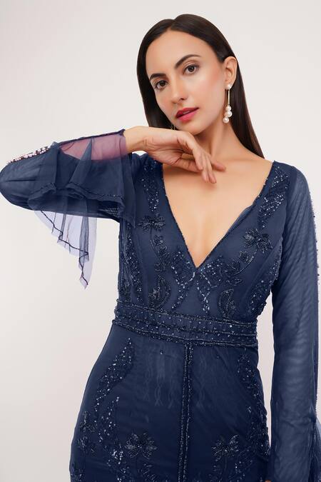 Shourya Gatha Blue Polyester, Nylon, Tulle Beads, Sequins, Crystal Embroidered Plunge V Gown Online at Aza Fashions Shourya Gatha_Blue Polyester, Nylon, Tulle Beads, Sequins, Crystal Embroidered Plunge V Gown _Online_at_Aza_Fashions