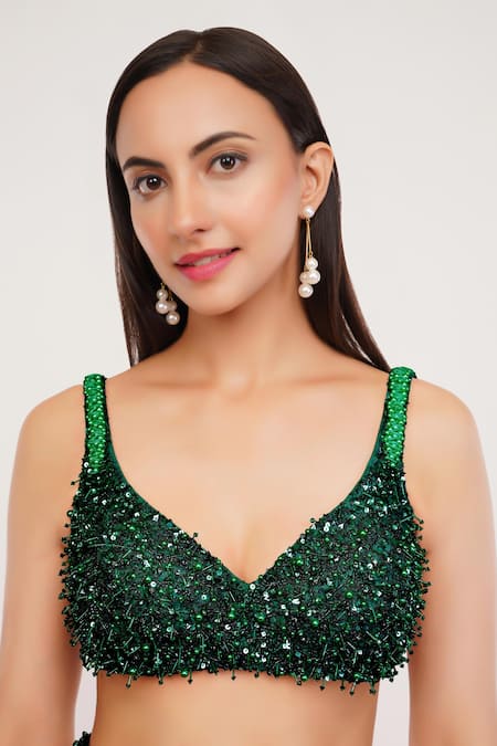 Shourya Gatha_Green Tulle, Polyester, Hard Net, Nylon, Satin Hand Embroidered Lehenga Set _Online_at_Aza_Fashions