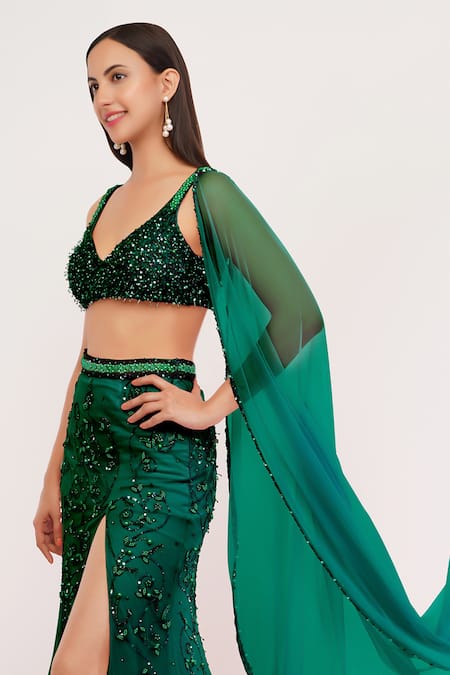 Buy_Shourya Gatha_Green Tulle, Polyester, Hard Net, Nylon, Satin Hand Embroidered Lehenga Set _Online_at_Aza_Fashions