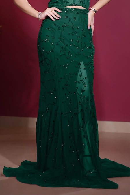 Buy_Shourya Gatha_Green Tulle, Satin, Polyester, Hand Embroidered Mermaid Lehenga With Corset _Online_at_Aza_Fashions