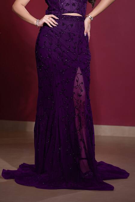 Shourya Gatha_Purple Tulle, Polyester, Hard Net, Nylon, Satin Mermaid Lehenga And Corset Set _Online_at_Aza_Fashions