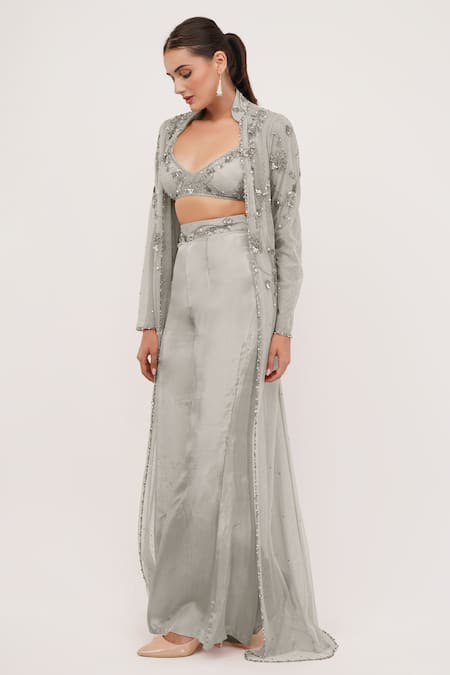 Shourya Gatha Moonstone Hand Embroidered Long Jacket Palazzo Set 