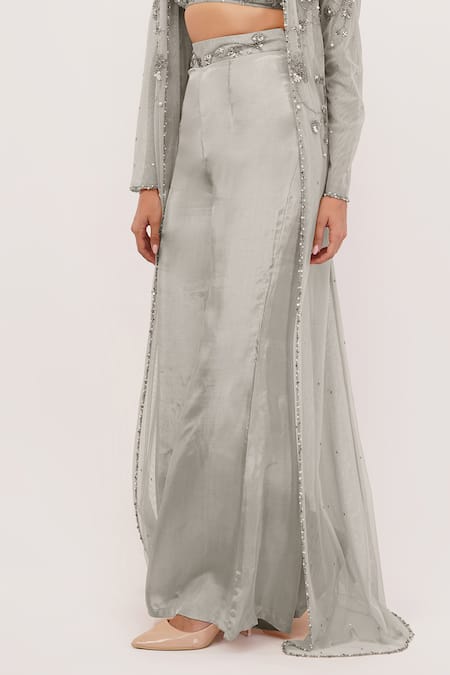 Shourya Gatha Grey Tulle, Polyester, Nylon, Silk Moonstone Hand Embroidered Long Palazzo Set Online at Aza Fashions Shourya Gatha_Grey Tulle, Polyester, Nylon, Silk Moonstone Hand Embroidered Long Palazzo Set _Online_at_Aza_Fashions